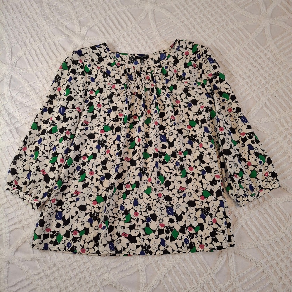Talbots Large Petite Cream Black Chiffon Floral Blouse 3/4 Sleeve Pleat Neck Top